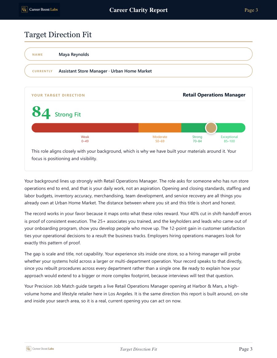 Career Clarity Report — target-fit score