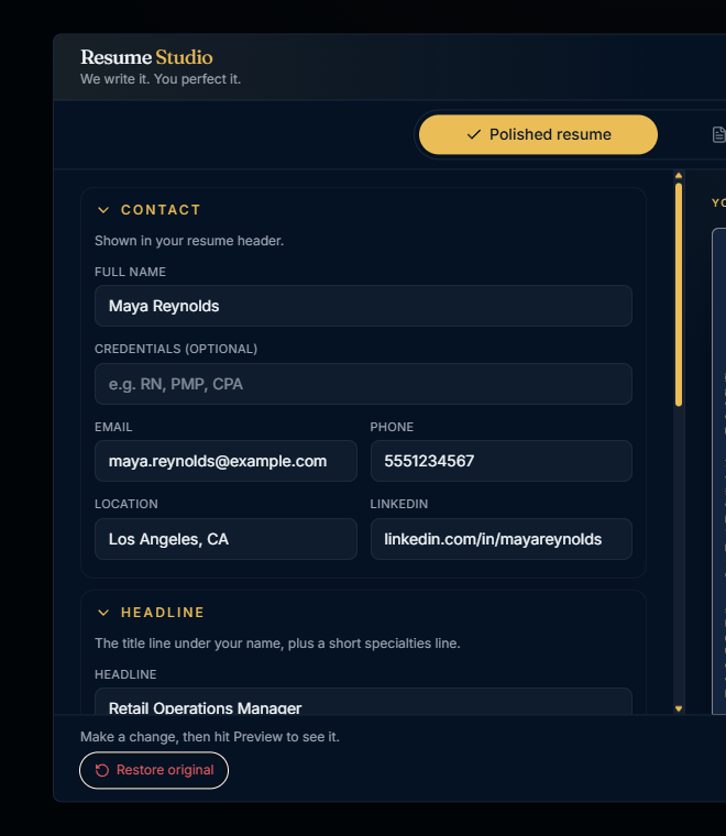 Resume Studio sample page