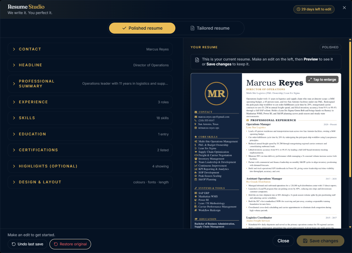 The Resume Studio editor: every resume section editable on the left, the live resume on the right