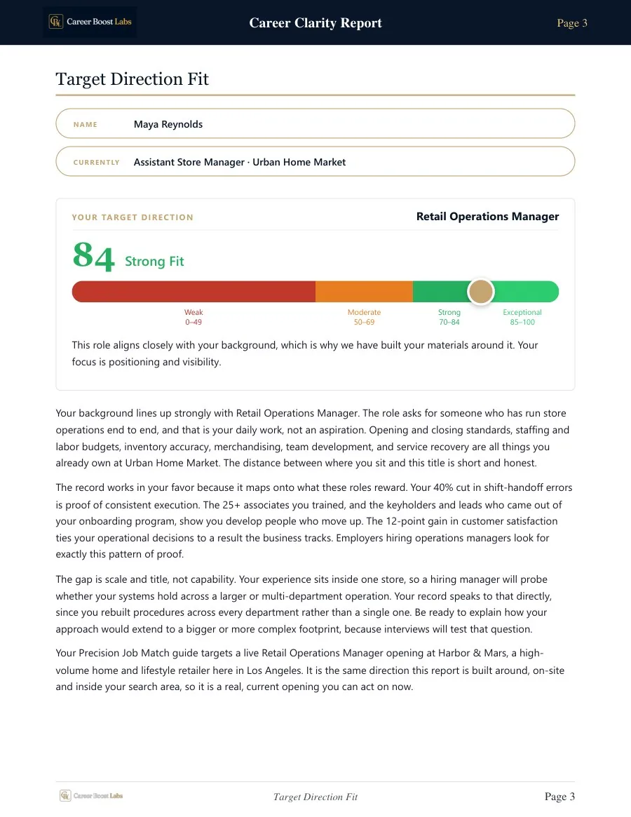 Sample: the Career Clarity Report's Target Direction Fit page, scoring the fit at 84